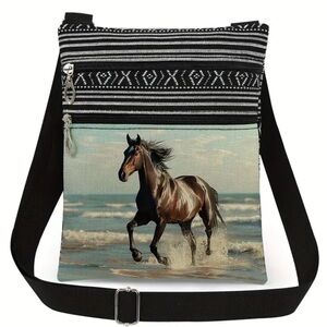 NEW Black Crossbody Bag Adjustable Brown Horse Running  Ocean Waves Stylish Boho